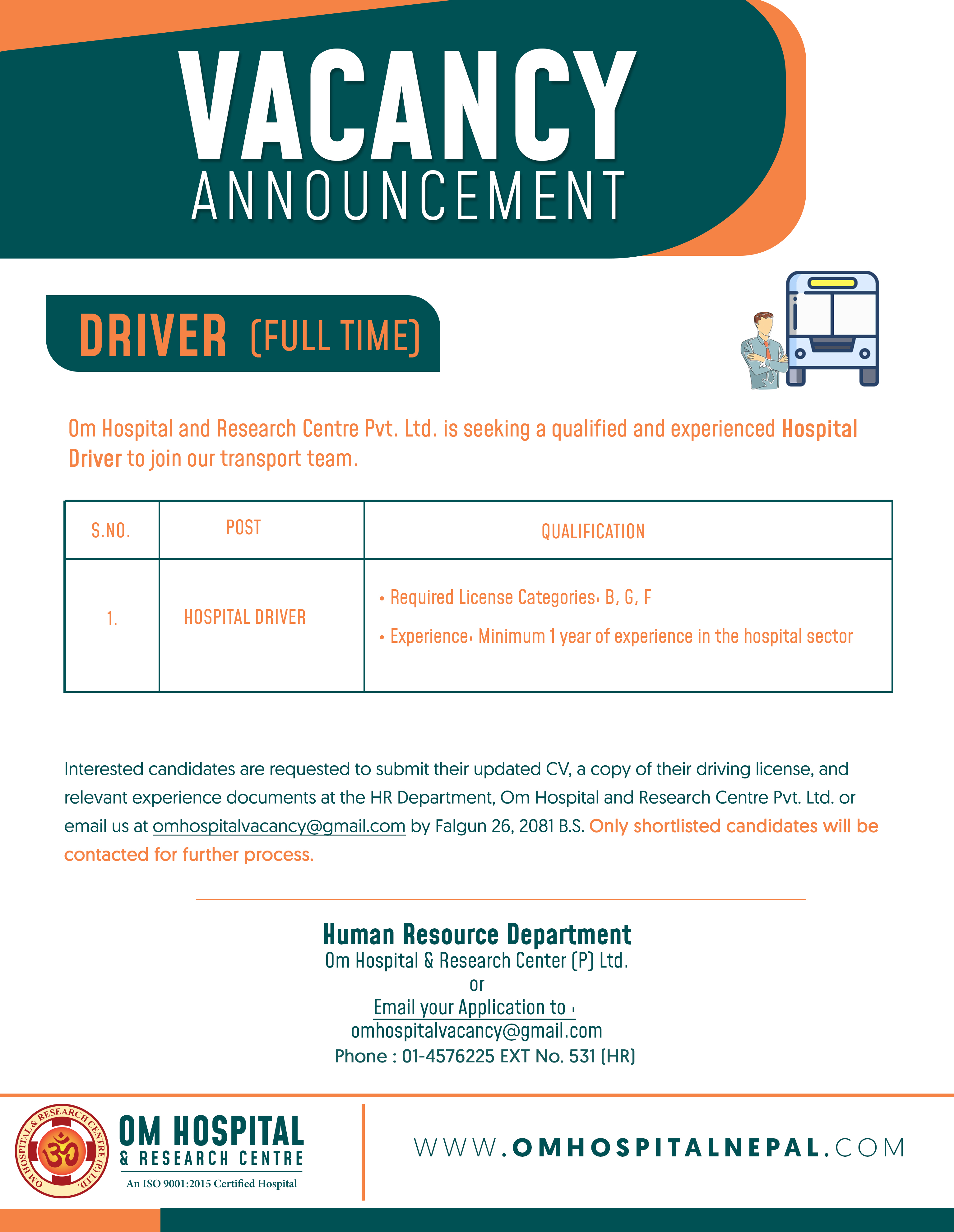 Vacancy Announcement (Hospital Driver)